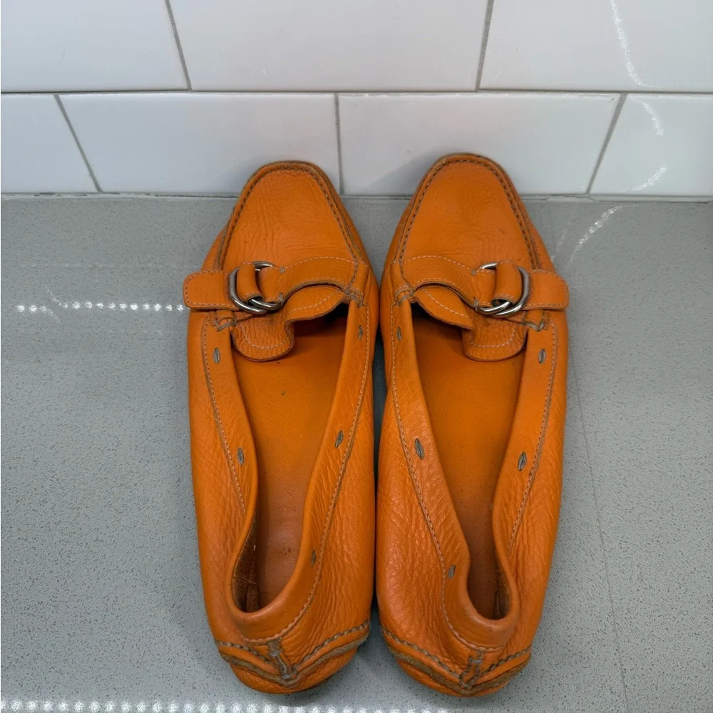 Prada Orange Leather Driving Loafers with Buckle Detail